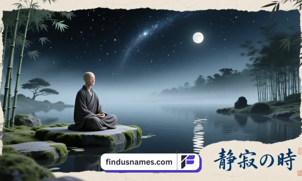 Japanese monk meditating under starry void sky representing Japanese names that mean emptiness and peace.