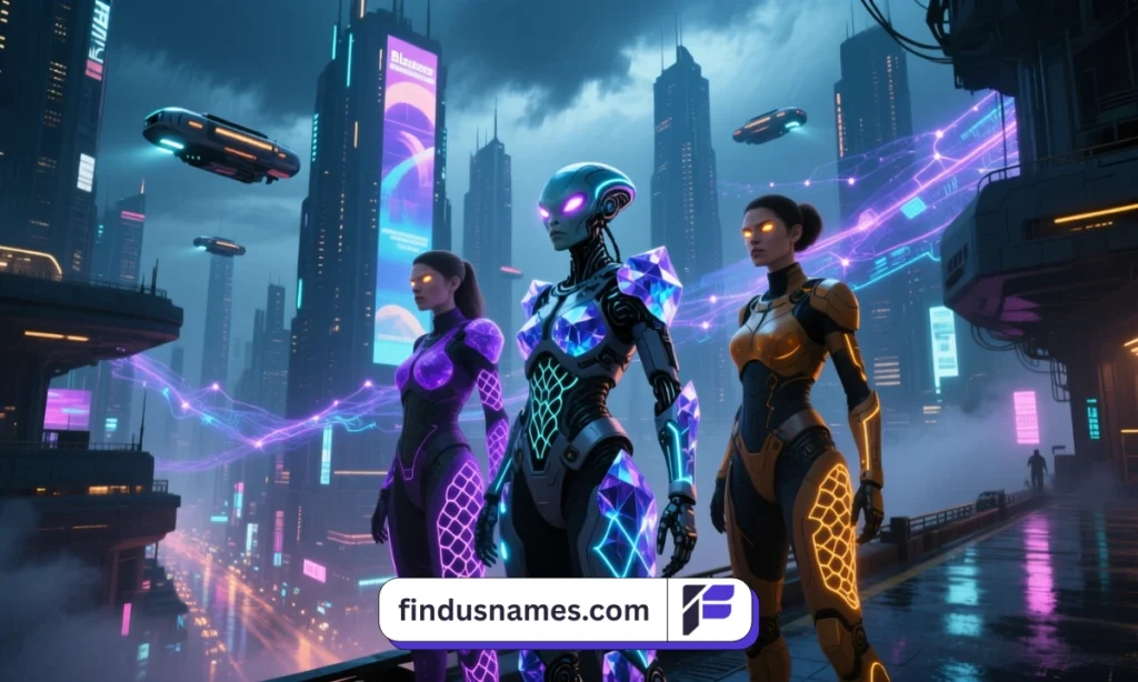 Three powerful alien women in a futuristic city setting, ideal for roleplay character inspiration and alien name ideas.