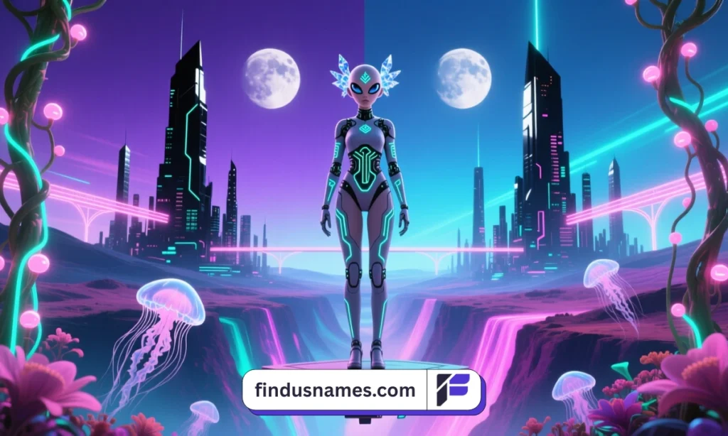 A zoomed-out creative sci-fi landscape with a unique alien girl character designed for storytelling.