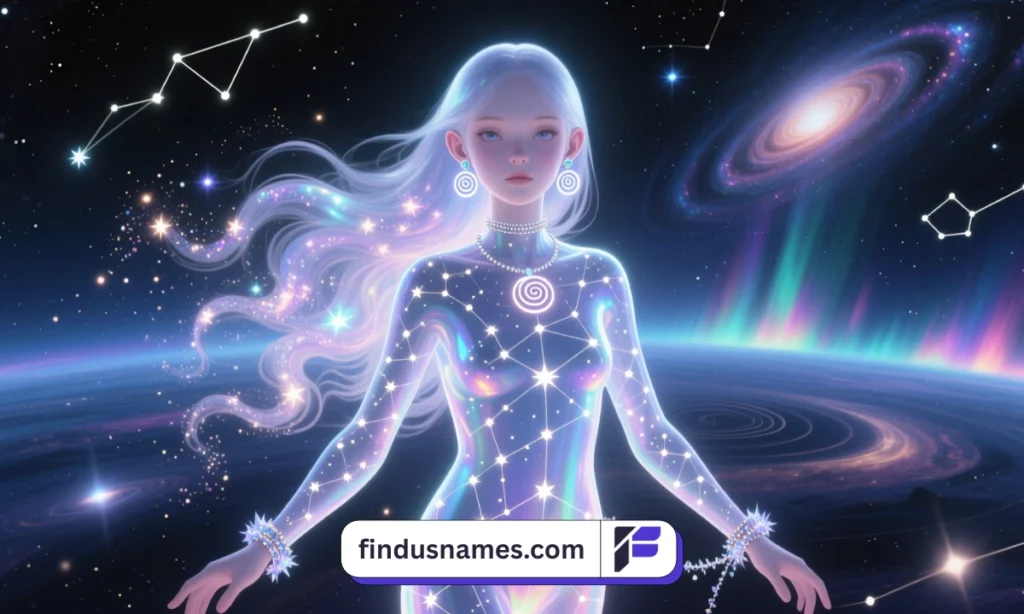 A celestial-themed scene featuring a star-inspired alien girl in a vast cosmic environment.