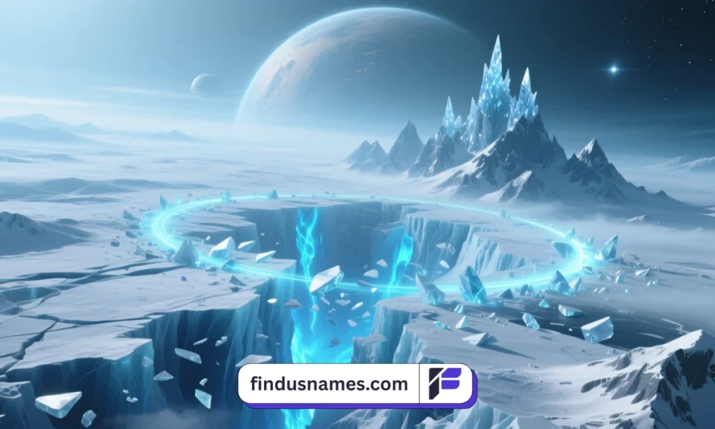 A frozen alien ice planet with glaciers, icy mountains, and a glowing ring system.