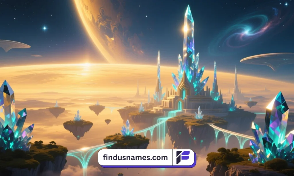 A distant alien kingdom planet with floating islands and glowing crystal structures.