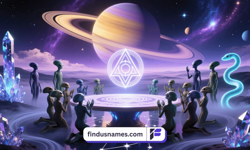 A zoomed-out scene of alien beings studying glowing symbols on a futuristic planet, symbolizing meanings behind alien names.