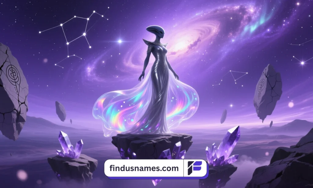 A magical alien empress in a galactic fantasy world, representing female alien names perfect for imaginative fantasy stories.