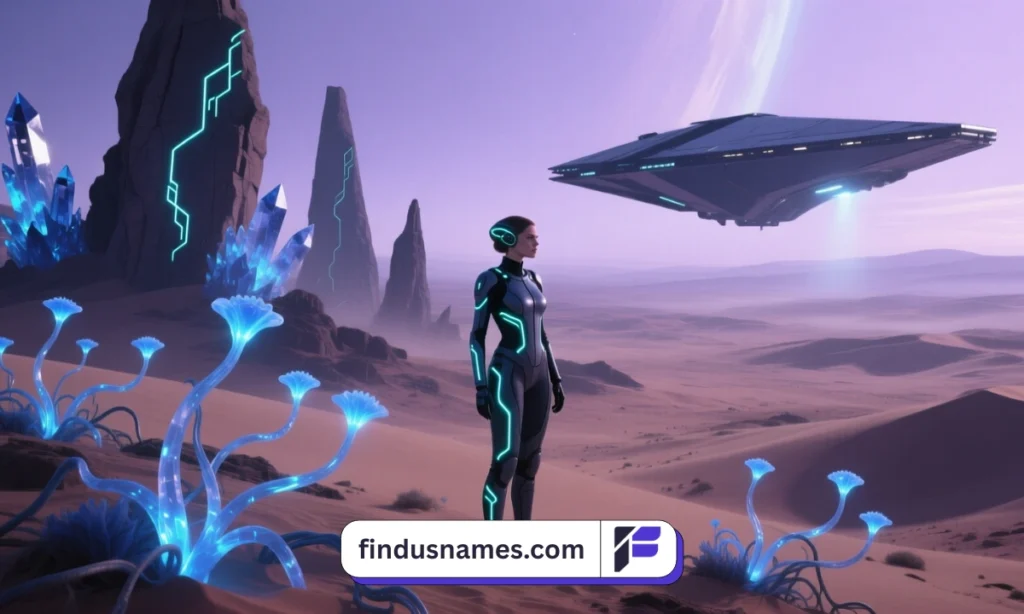 An adventurous female alien explorer walking across an alien planet, perfect for inspiring science fiction story name ideas.