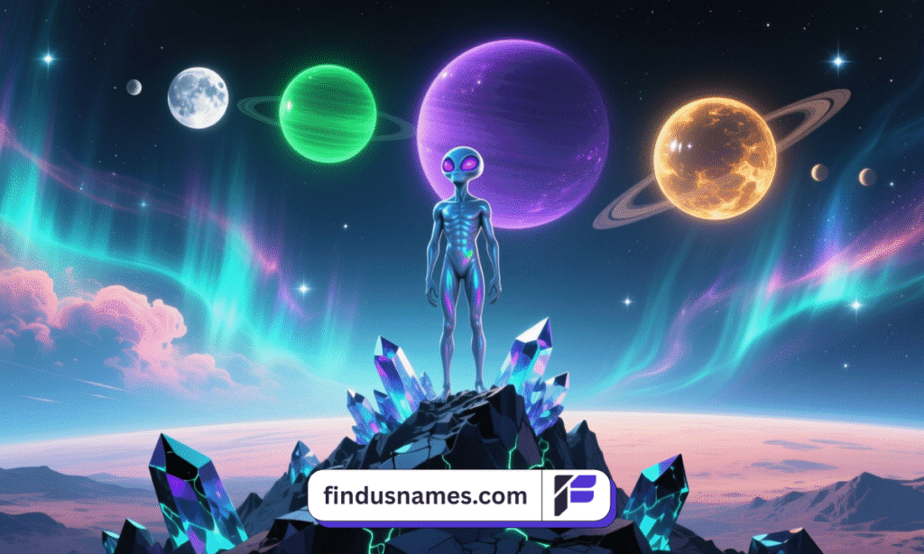 A wide cosmic landscape with a male alien observing planets and moons, representing planet-inspired alien names.
