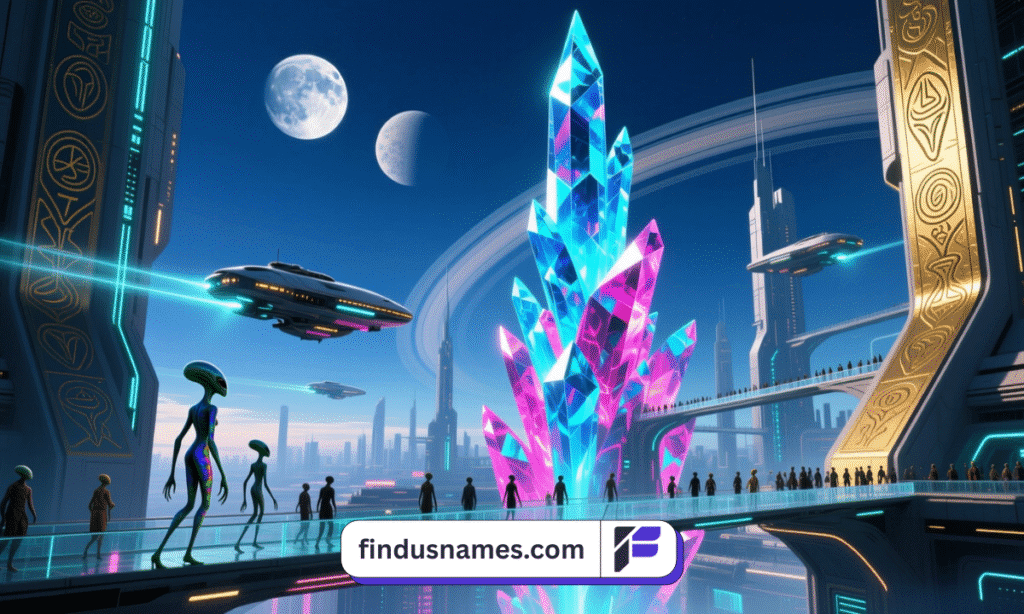 A wide futuristic alien city full of glowing architecture and alien life, representing worldbuilding ideas.