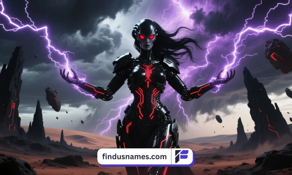 A menacing alien queen in dark armor, representing strong and fierce name ideas for female alien villains.