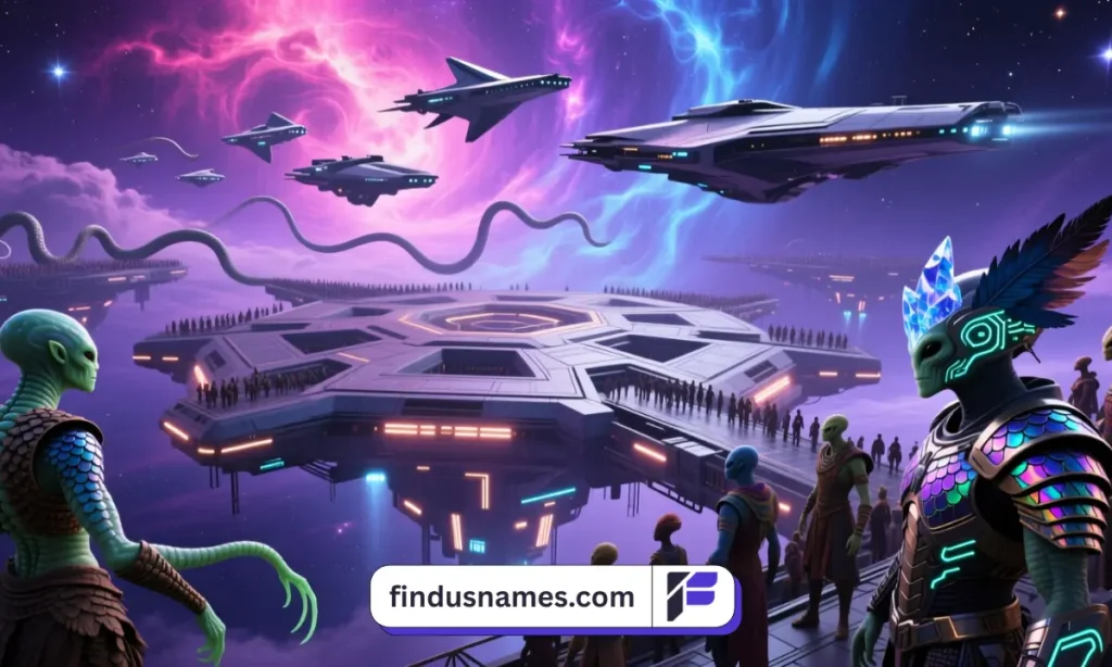 A gathering of diverse alien races on a space platform, reflecting creative universe-building alien species names.