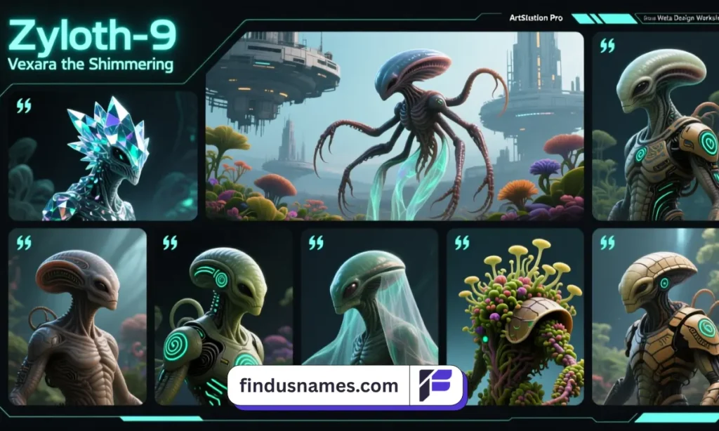 Sci-fi character sheet with creative alien species names and details.