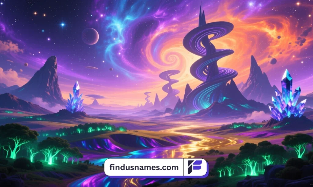 A colorful alien world with glowing landscapes and nebula-filled skies.