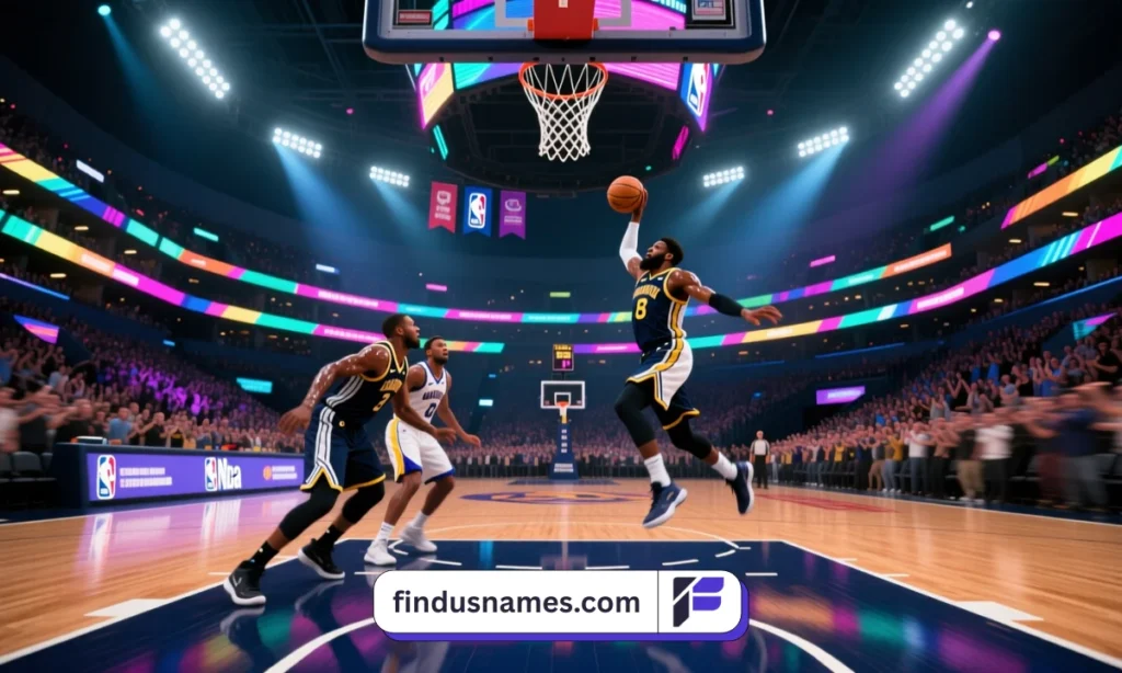 A professional basketball arena filled with fans watching two teams play under bright lights, inspired by NBA energy.