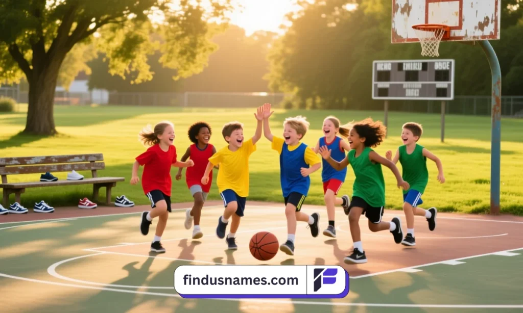 A group of kids in bright basketball uniforms playing and smiling together on an outdoor court under sunny skies.