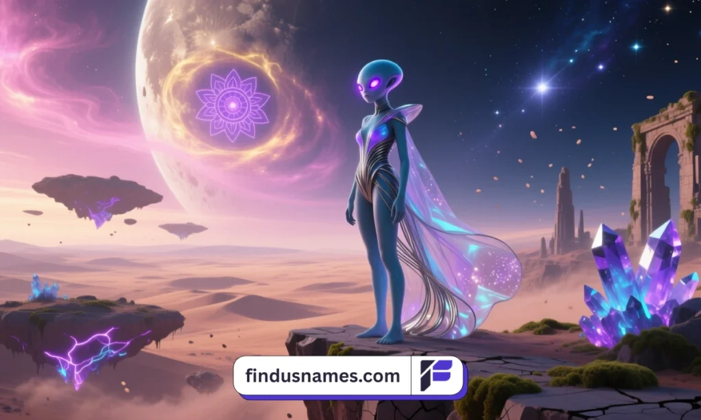 A zoomed-out cinematic sci-fi scene featuring a mysterious alien girl in a futuristic galaxy landscape.