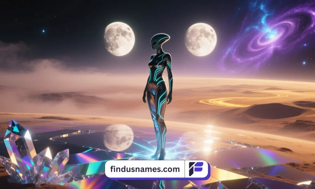 A stunning sci-fi scene showing an elegant alien woman on an otherworldly planet, symbolizing creativity and uniqueness for female character names.