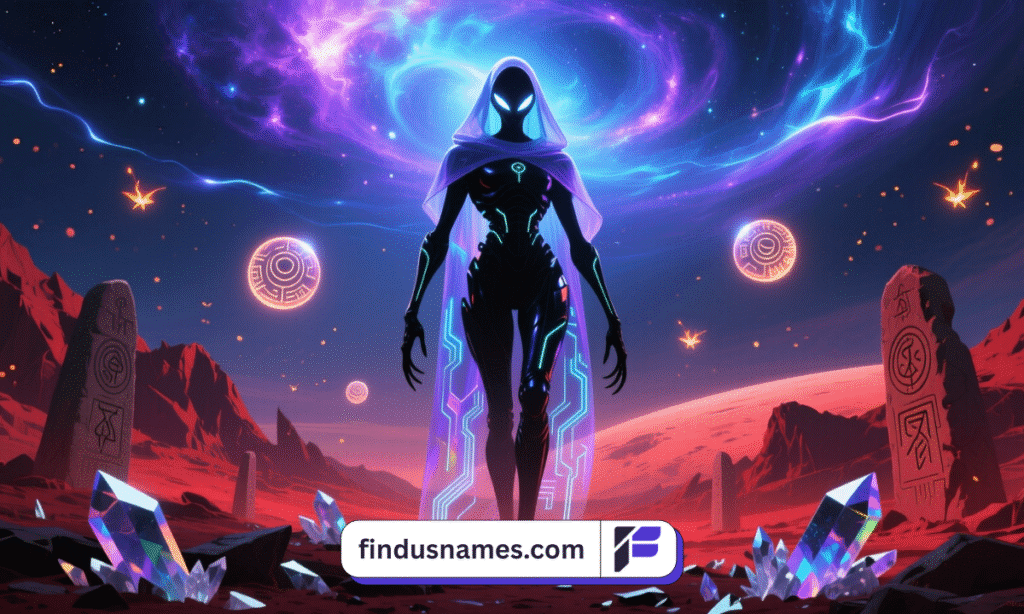 A zoomed-out cinematic scene of a male alien hero on a glowing planet under a starry cosmic sky.