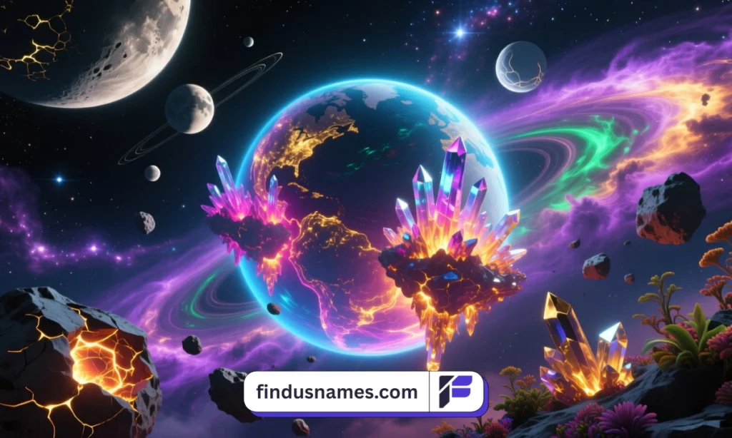 A wide sci-fi view of a glowing alien planet surrounded by nebula clouds and moons.