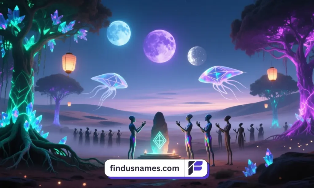 A wide landscape of a bioluminescent planet featuring diverse alien lifeforms, inspired by the best alien species names for sci-fi stories.