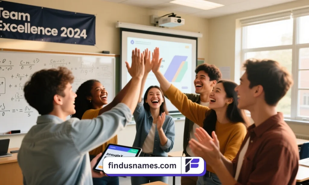 600+ Funny & Inspiring Student Group Names for Every Vibe 4 Happy students celebrating success with teamwork showing best student group names