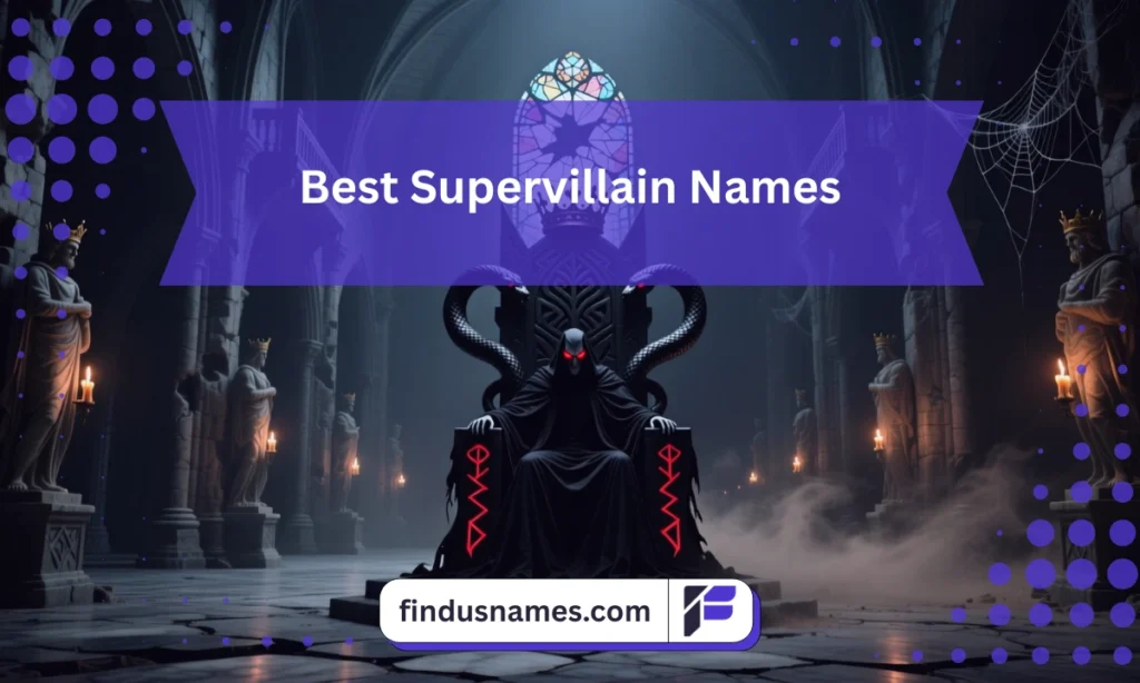 A mysterious villain seated on a stone throne representing the best Supervillain Names in a dramatic setting.