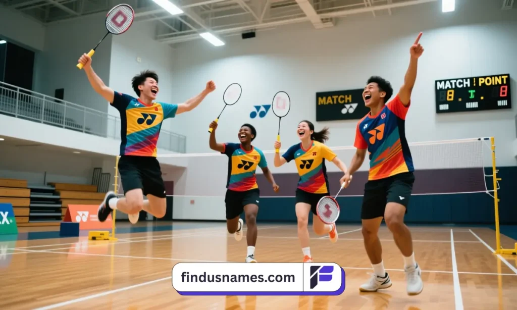 Professional badminton team raising rackets in celebration showing teamwork and victory spirit