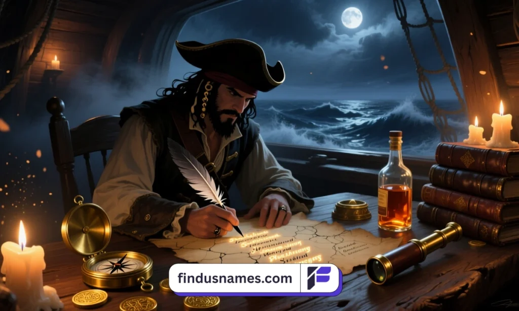 antasy pirate writing a name list on an old map surrounded by sea elements and treasures
