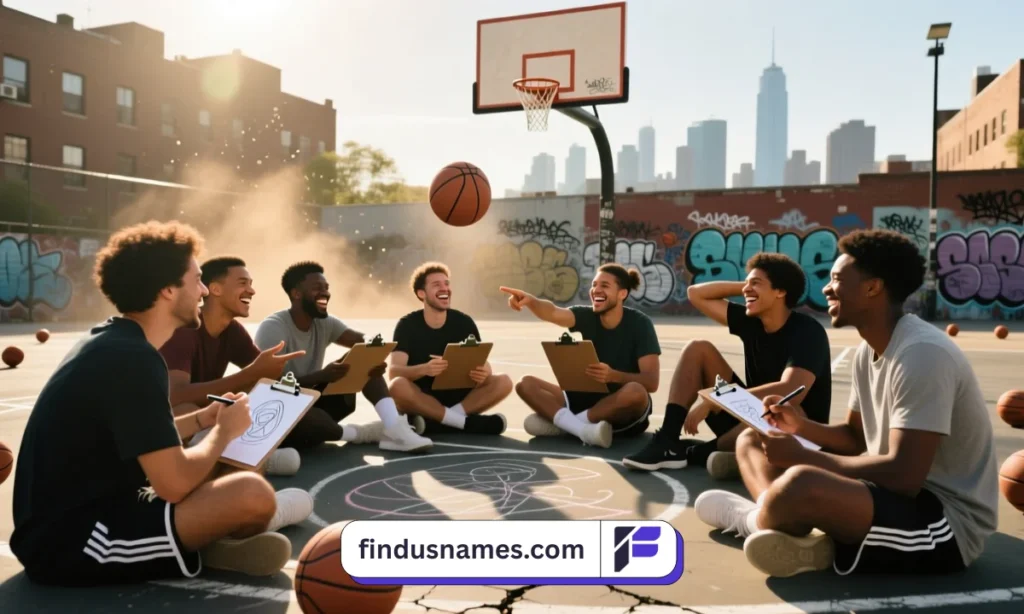 A basketball team creatively brainstorming name ideas while sitting together on a court, showing clever and fun teamwork.