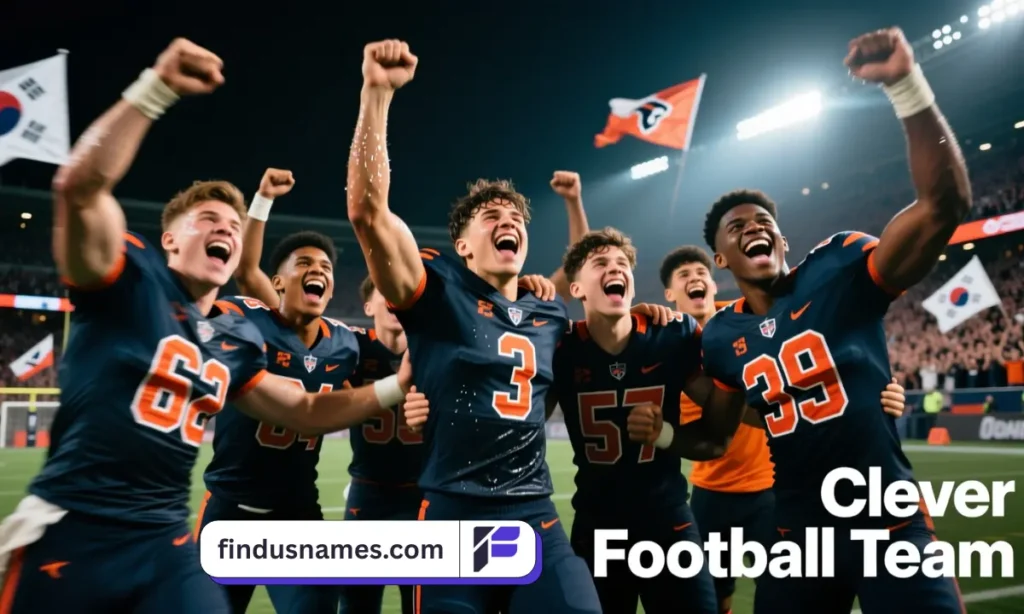 A zoom-out overhead image of football players strategizing on a field.