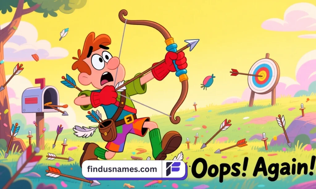 Humorous cartoon archer with crooked arrow and confused expression