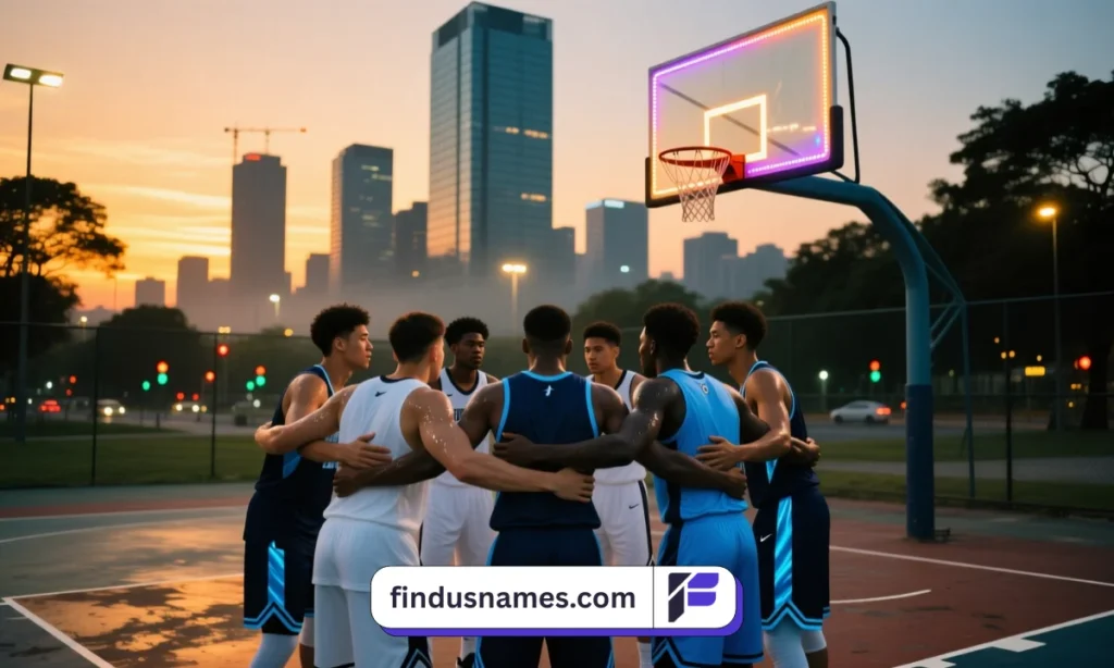 A cool basketball team huddling on an outdoor court under sunset light, representing unity and confidence.