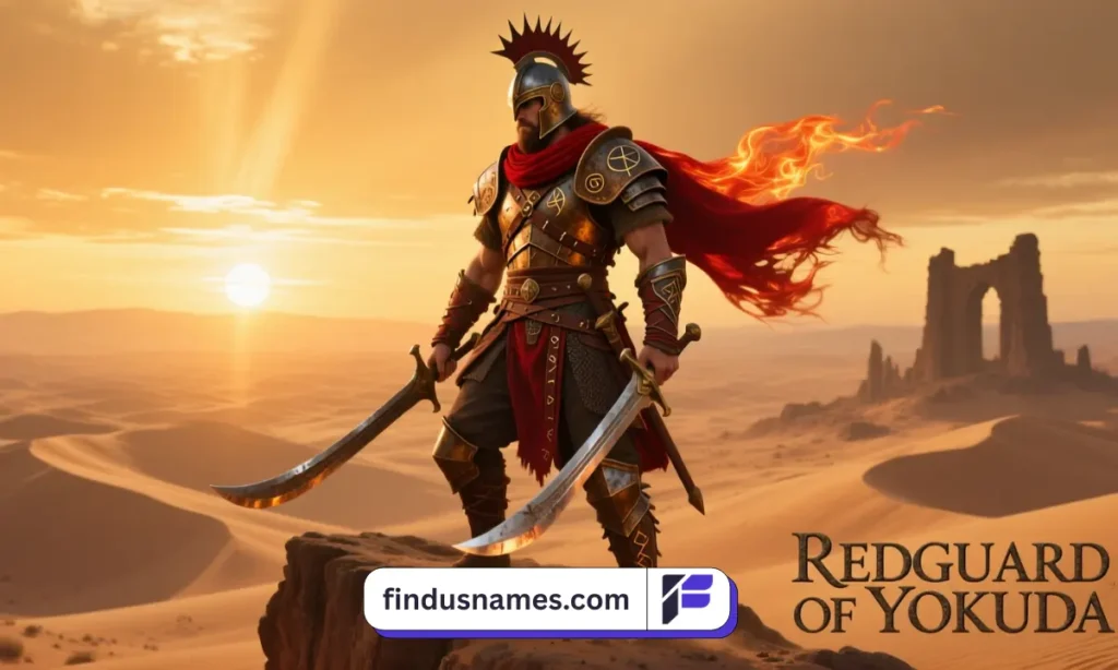 A strong Redguard warrior in golden desert armor under sunset, symbolizing cool Redguard names inspired by Elder Scrolls fantasy culture.