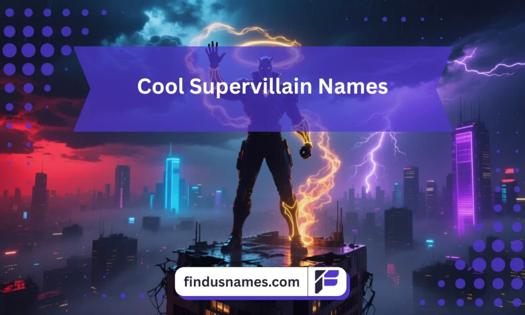 A futuristic villain standing on a neon-lit tower representing cool Supervillain Names in a cinematic style.