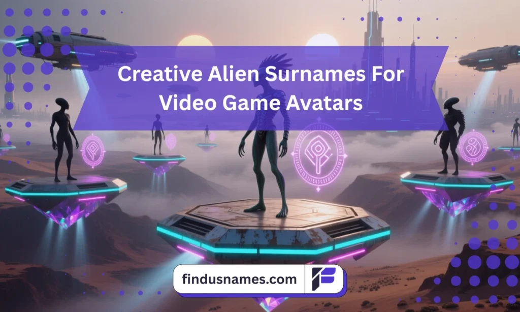 640+ Amazing Guide to Creative Alien Last Names 1 A zoomed-out scene of diverse video-game aliens standing on futuristic platforms, perfect for ideas related to creative alien last names.