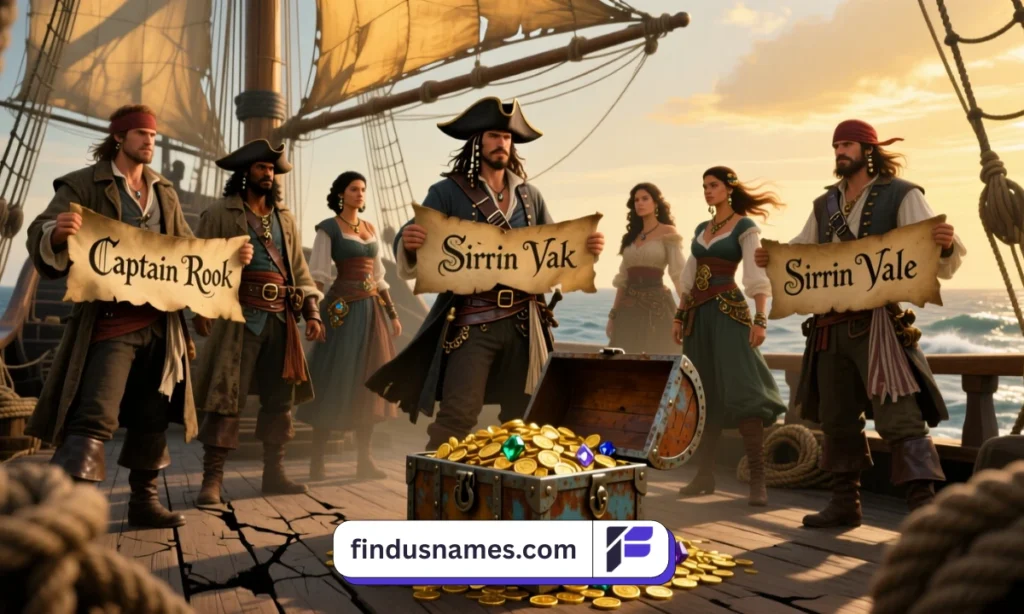 Illustration of pirate characters with creative pirate names written on scrolls and banners
