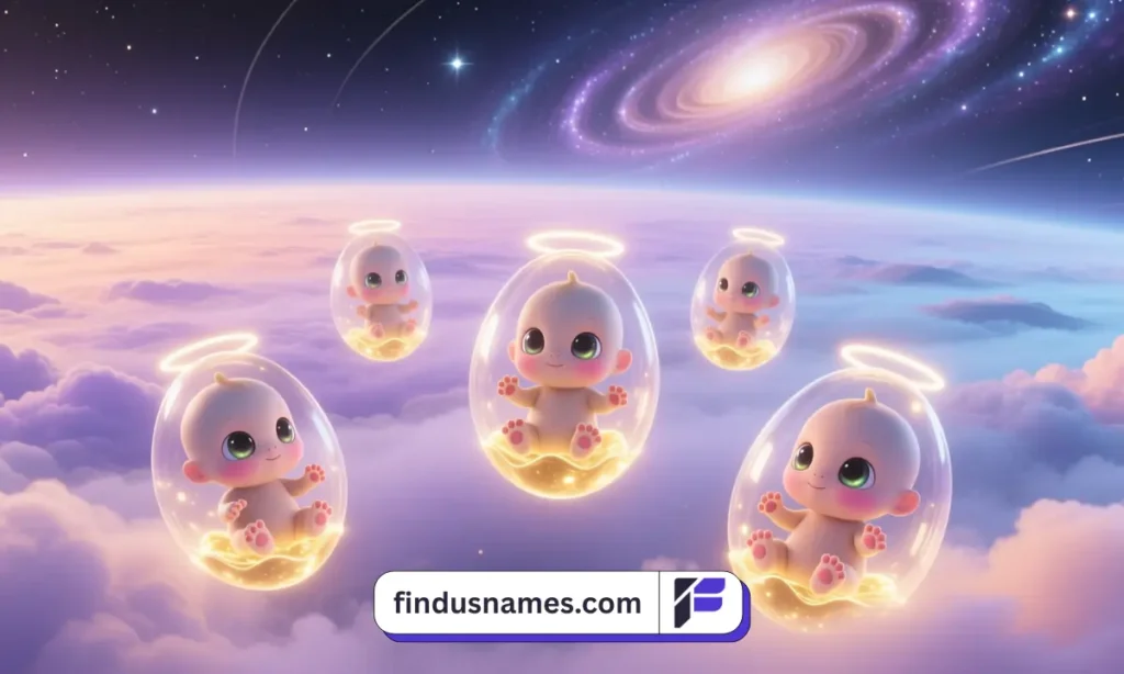 Cute baby alien characters in glowing cocoons floating above a nebula.