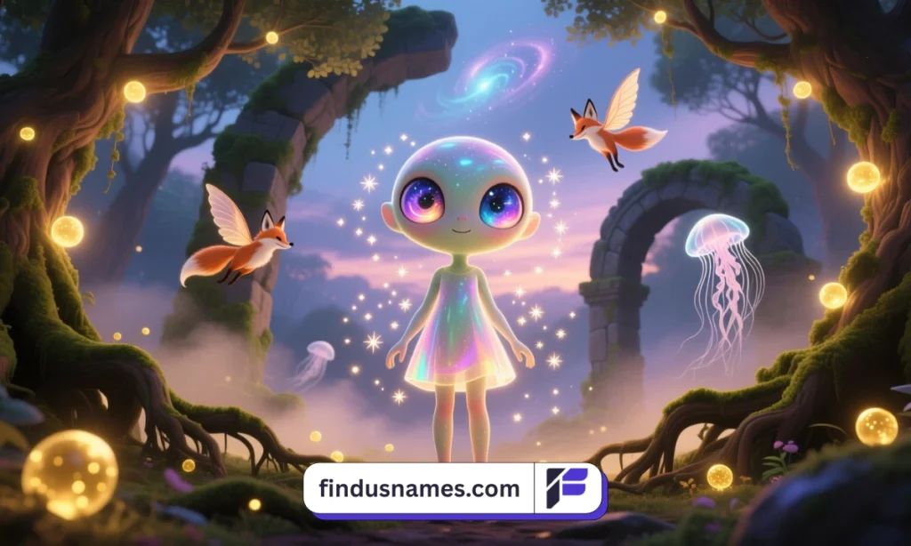 A zoomed-out whimsical fantasy world with a cute alien girl surrounded by magical elements.