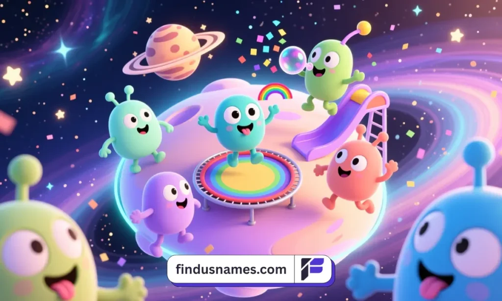 Playful cartoon-style cute alien characters in a colorful cosmic environment.