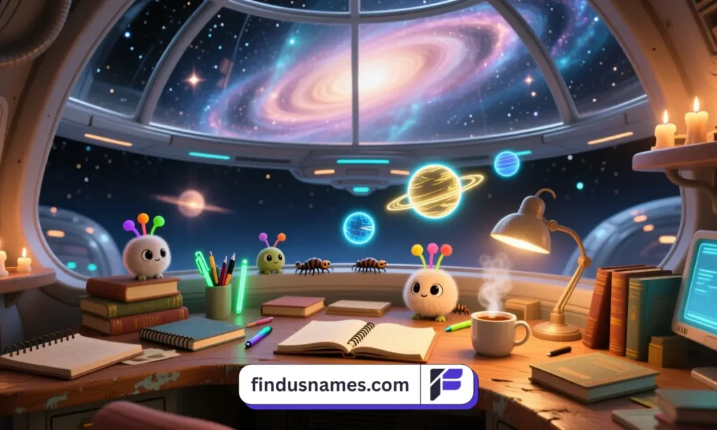 A cozy writing desk with tiny cute aliens and a galaxy view, inspiring alien name ideas.