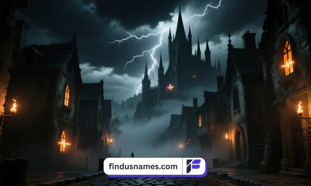 A haunting dark fantasy city at night with gothic towers, glowing red lanterns, and eerie fog drifting through narrow cobblestone streets.
