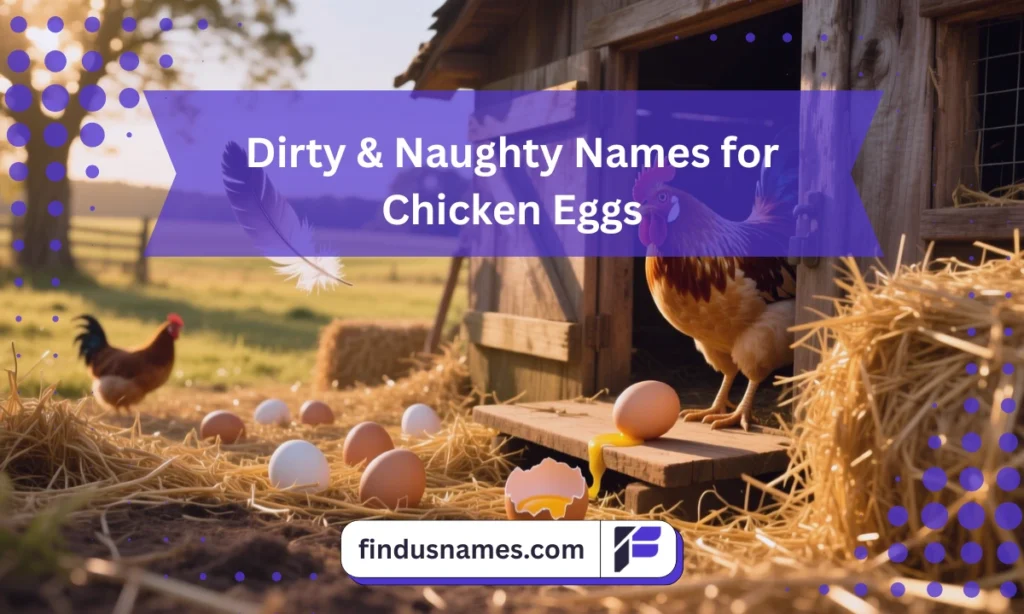A playful chicken coop scene with scattered eggs in straw, visually capturing naughty humor related to funny egg names.