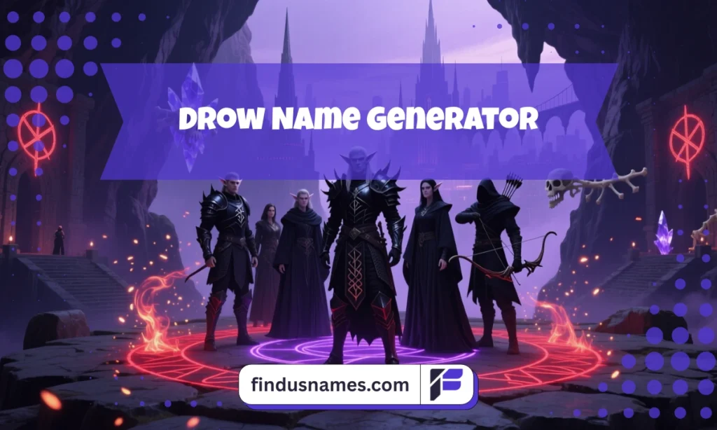 A dark elf sorcerer in a shadowy Underdark ruin representing fears and power linked to Drow Names.