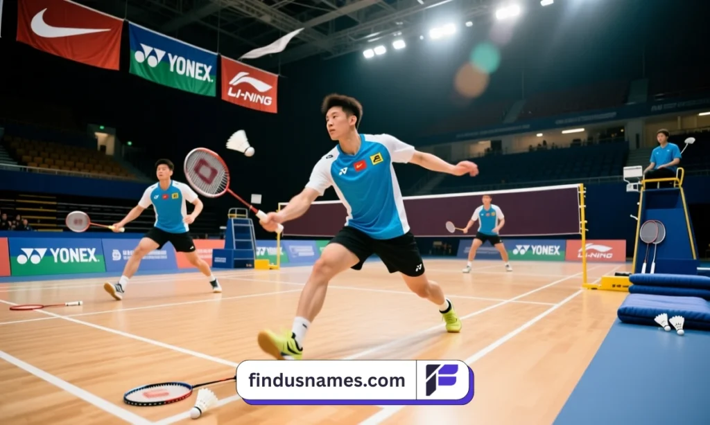 Professional badminton athletes demonstrating advanced techniques and teamwork in tournament setting