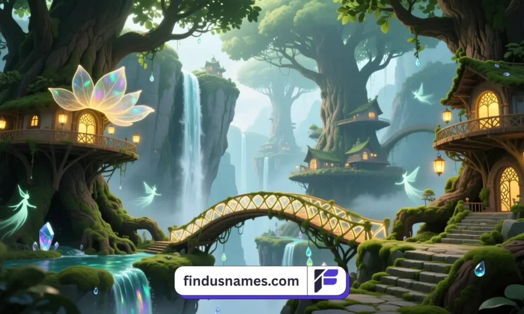 A serene elven city surrounded by lush green forests, elegant treehouses, glowing waterfalls, and graceful bridges bathed in golden sunlight.