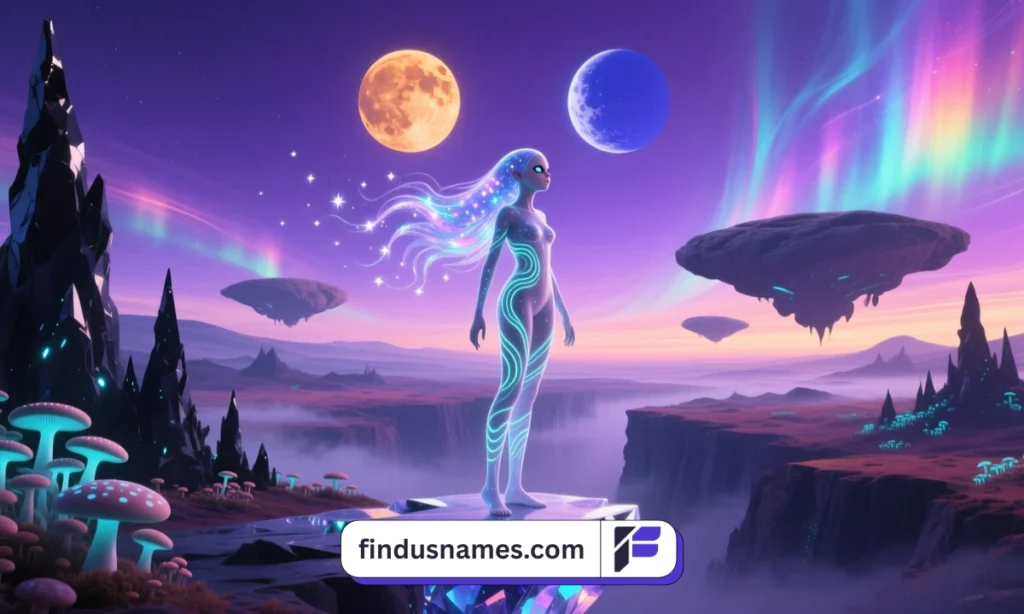 A zoomed-out extraterrestrial world with a detailed original alien girl character.