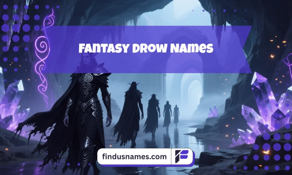 Fantasy dark elves traveling through glowing crystal caves inspired by mystical Drow Names.