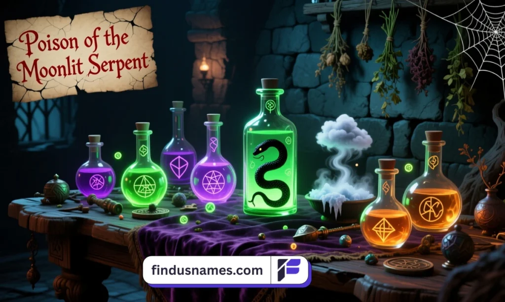 Witch’s table with glowing potion bottles of poison