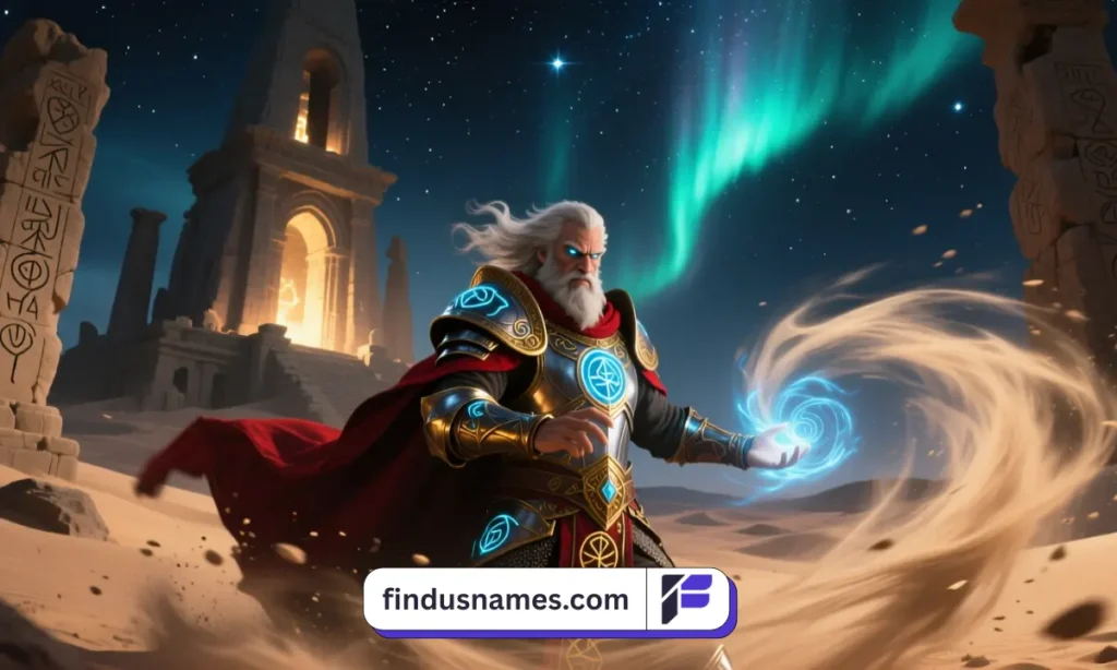 A Redguard mage casting glowing desert wind magic near ancient ruins, representing creative and unique Redguard name ideas.