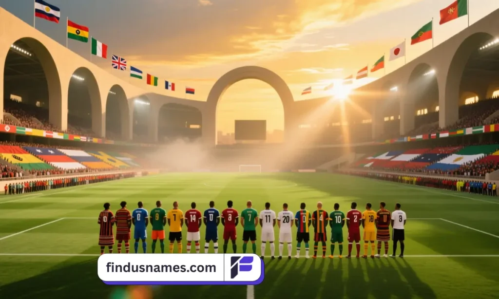 A panoramic image of international football teams standing together on a global stadium field.