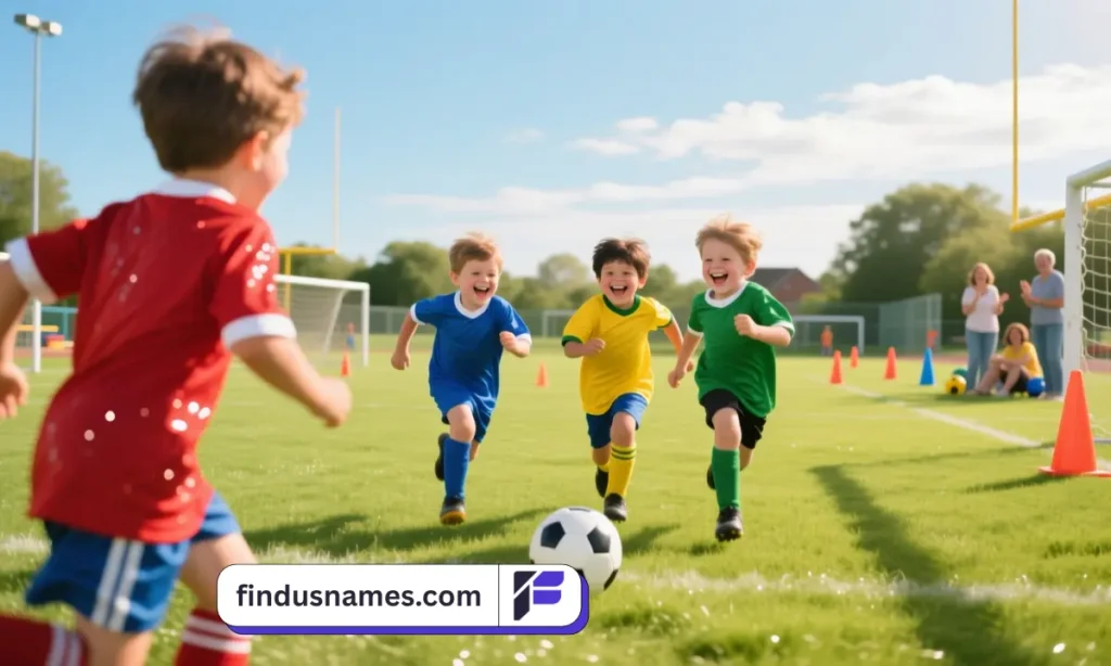 A wide shot of kids playing football on a sunny field with colorful jerseys.