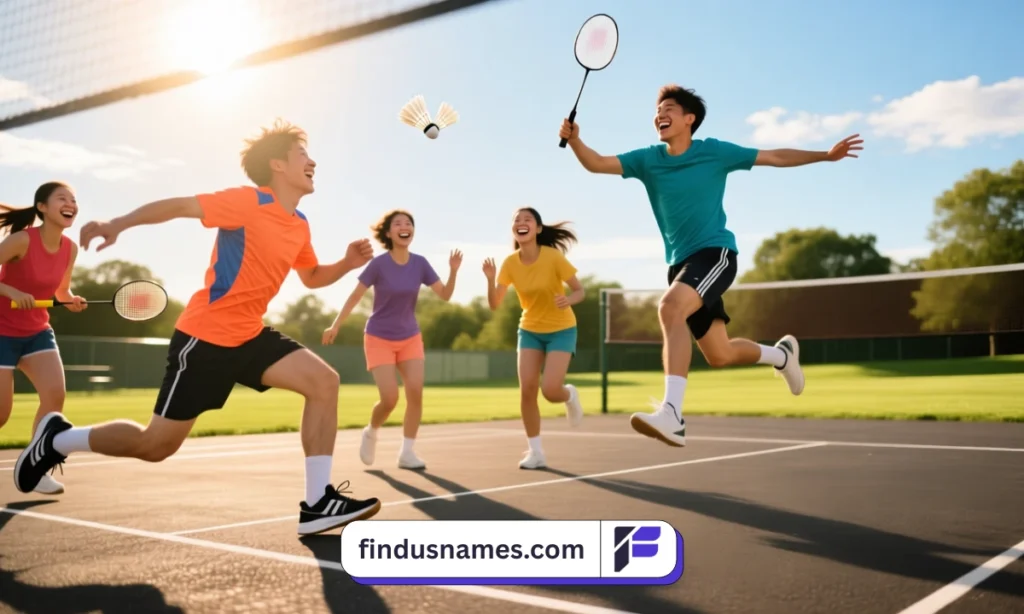 Group of friends laughing and playing badminton showing friendship and recreational sport enjoyment